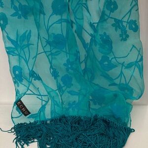 Echo Turquoise sheer Floral scarf long fringe cotton blend whimsical boho